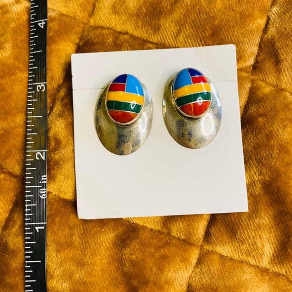 Sterling silver southwestern inlay stud earrings - Picture 4 of 8